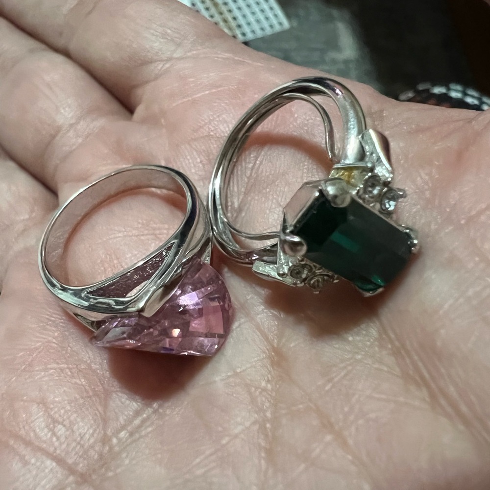 Beautiful silver tone 2 rings with pink and green stones size 6